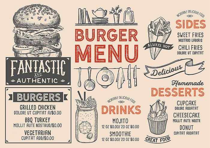 Burger restaurant menu. Vector food flyer for bar and cafe. Desi, Premium Kollekció