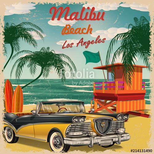 Malibu Beach, California retro poster., Premium Kollekció