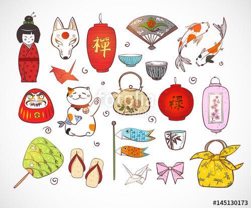 Japán színes doodle vázlatelemek. Szimbólumok Japánban., Premium Kollekció