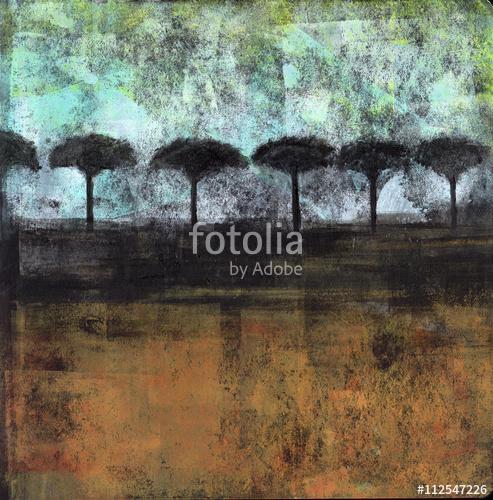 Row Of Trees - Acrylic painting of an abstract landscape with silhouetted trees. , Premium Kollekció