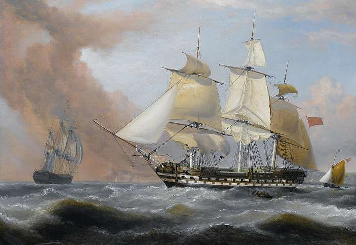 A Kelet-indiai Társaság hajója Dover fehér szikláival a háttérben, John Thomas Serres
