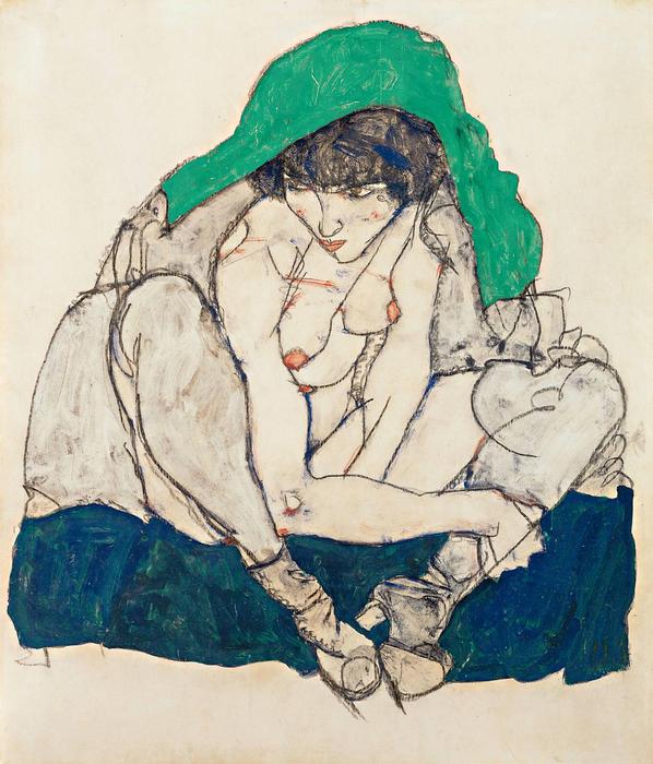 Összekuporodó nő zöld fejkendővel, Egon Schiele