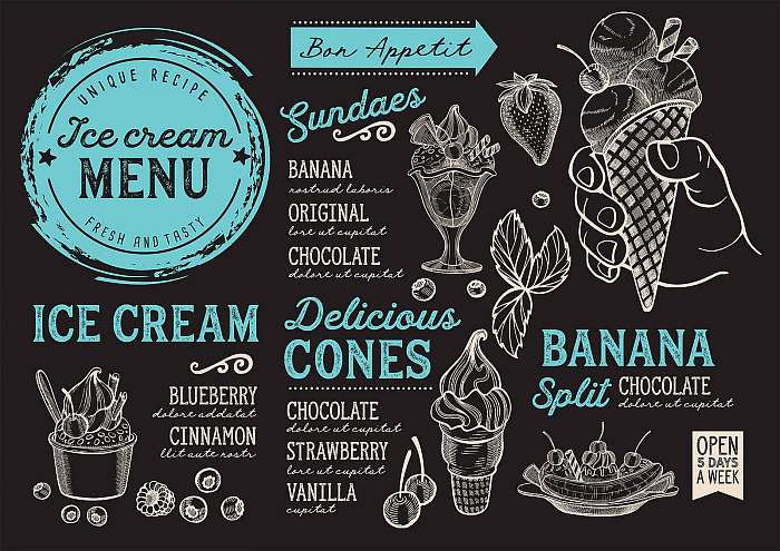 Ice cream restaurant menu. Vector dessert food flyer for bar and, Premium Kollekció