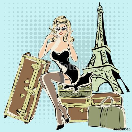 Gyönyörű pin-up nő ül a bőröndök közelében Eiffel Tower Pa, Premium Kollekció