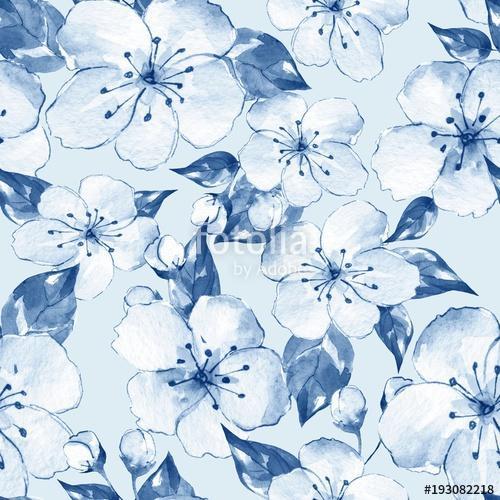 Floral seamless pattern 8. Blue watercolor background with white, Premium Kollekció