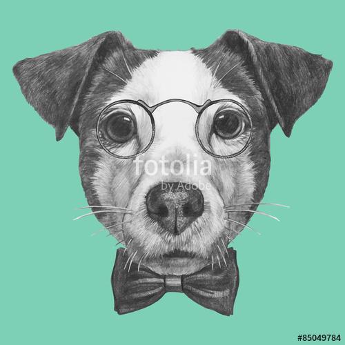 Hand drawn portrait of Jack Russell with glasses and bow tie. Ve, Premium Kollekció