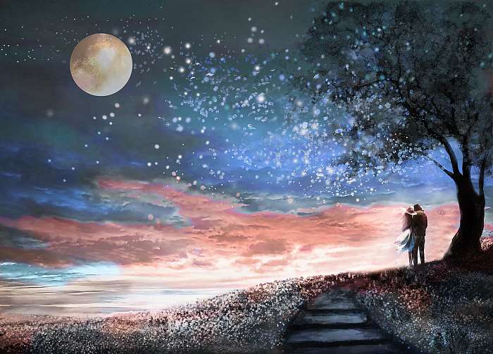 Fantasy illustration with night sky and MilkyWay, stars moon. wo, Premium Kollekció