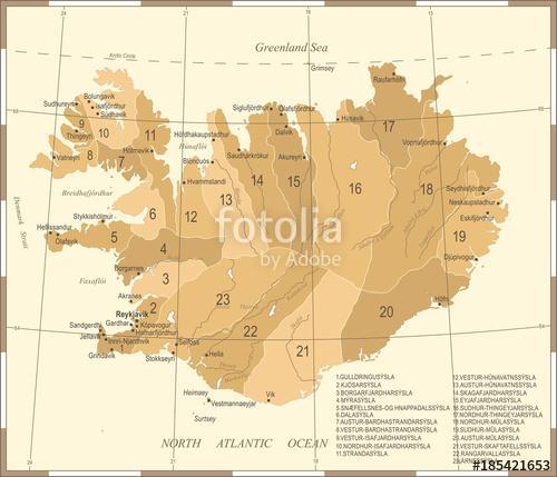 Vintage stílusú Izland térkép, Premium Kollekció