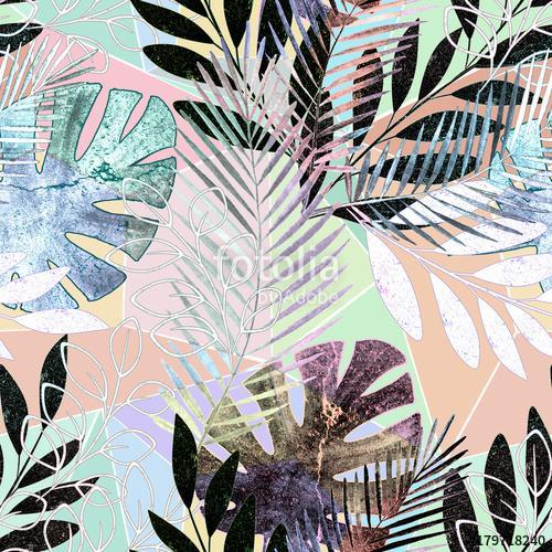 Seamless tropical pattern.Palm leaves on a colorful background., Premium Kollekció