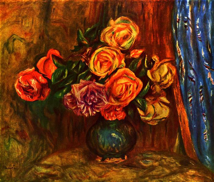 Csendélet rózsákkal, kék függöny előtt, Pierre Auguste Renoir