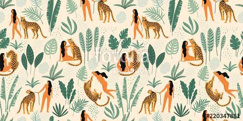Vector seamless pattern with women, leopards and tropical leaves., Premium Kollekció