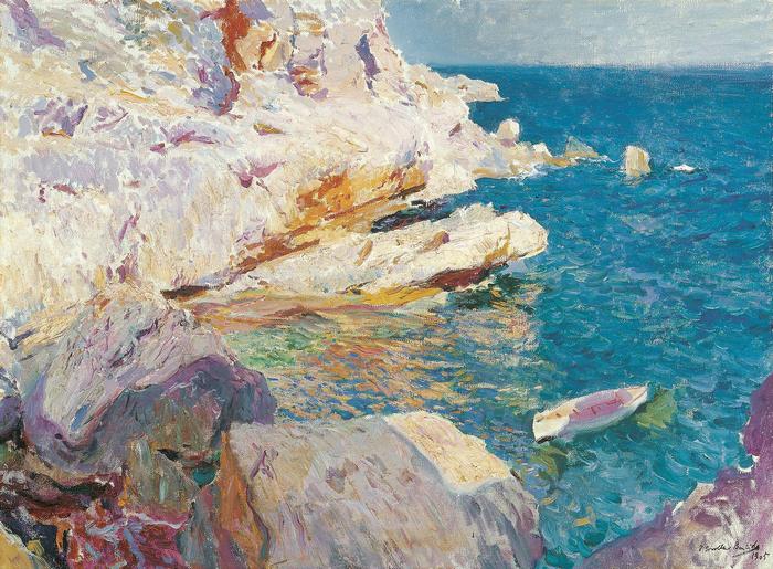 Javea sziklái fehér csónakkal (1905), Joaquin Sorolla