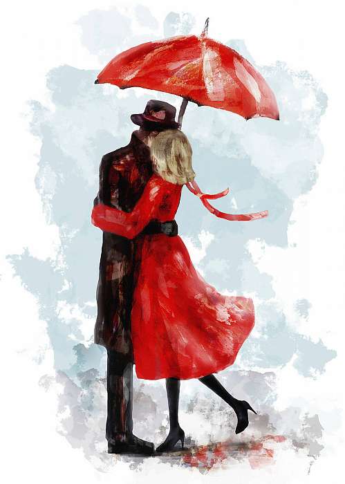 romantikus pár piros esernyő alatt. Csók. Akvarell szép i, Premium Kollekció