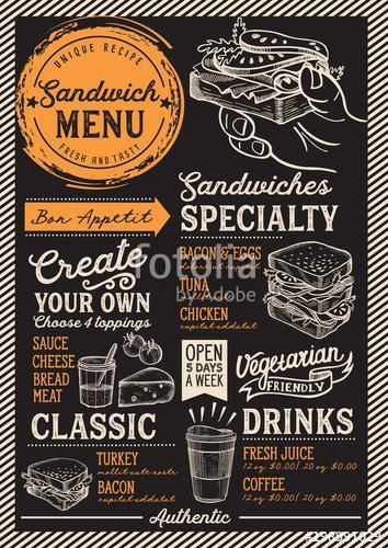 Sandwich restaurant menu. Vector food flyer for bar and cafe. De, Premium Kollekció