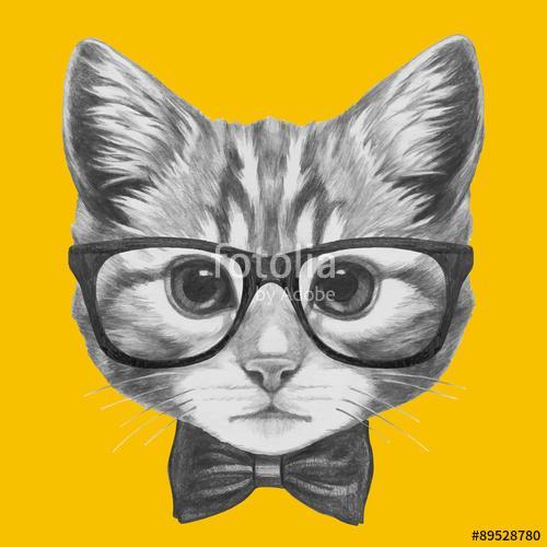 Hand drawn portrait of Cat with glasses and bow tie. Vector isol, Premium Kollekció