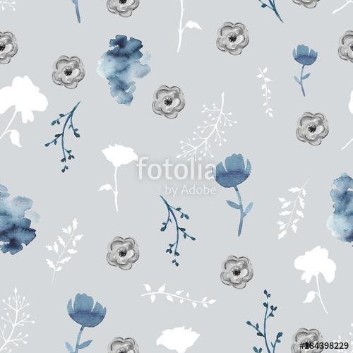 Seamless background pattern with twigs and flowers. Watercolor h, Premium Kollekció