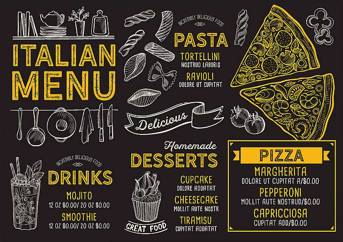Pizza restaurant menu. Vector food flyer for bar and cafe. Desig, Premium Kollekció