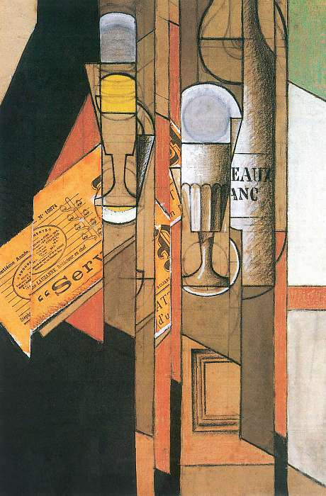 Poharak, újság és boros üveg, Juan Gris