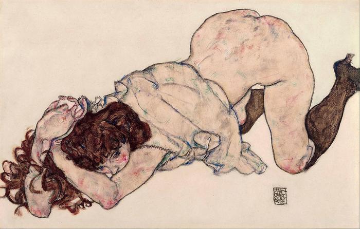 Könyöklő, térdelő hölgy, Egon Schiele