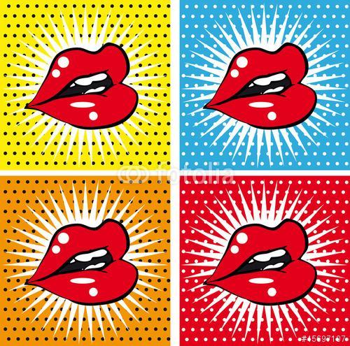 Nyílt Szexi vörös piros ajkak fogakkal pop art hátterekkel, Premium Kollekció