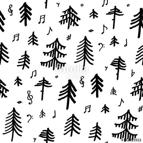 Composition with music note symbols and pine firs forest, Premium Kollekció