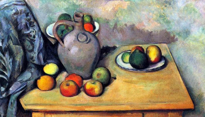 Csendélet korsóval és gyümölcsökkel az asztalon, Paul Cézanne