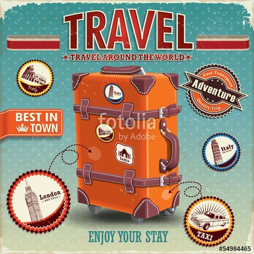 Vintage utazótáska-plakát címkével, Premium Kollekció