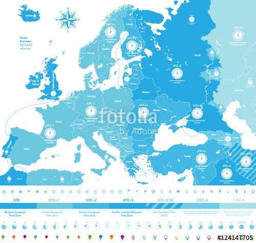 vektor Európában időzónák nagy részletes térkép helyszínnel és c, Premium Kollekció