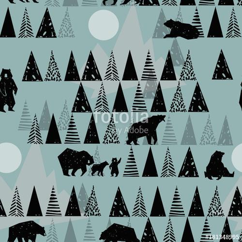 Forest seamless pattern. Wildlife pattern.  Wild Bear. Alaska pa, Premium Kollekció
