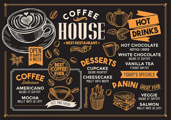 Coffee restaurant menu. Vector drink flyer for bar and cafe. Des, Premium Kollekció