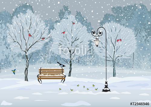 Birds in the winter snowy park, Premium Kollekció