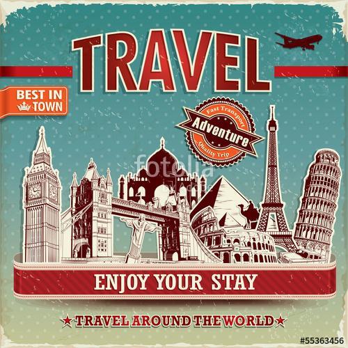 Vintage utazási plakát címkével és híres épületgel, Premium Kollekció