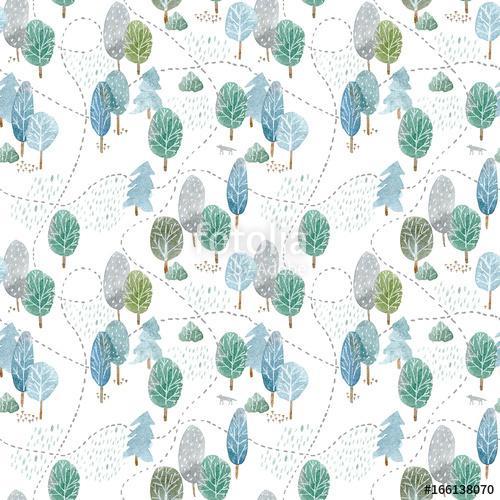 Floral seamless pattern of a tree, spruce,birch,road,wolf,mushro, Premium Kollekció