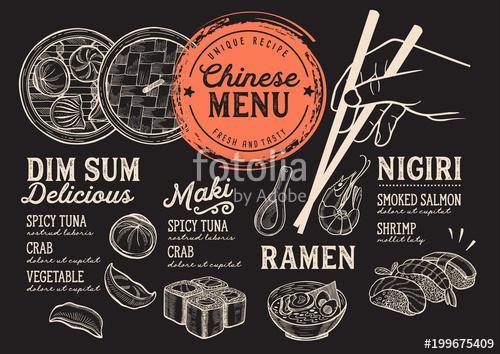 Japanese sushi restaurant menu. Vector chinese dim sum food flye, Premium Kollekció