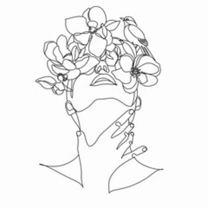 Női arc virágokkal és madárral (vonalrajz, line art), Partner Kollekció