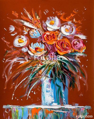 Absztrakt színes rózsák csokorban üveg vázában (olajfestmény reprodukció), Partner Kollekció
