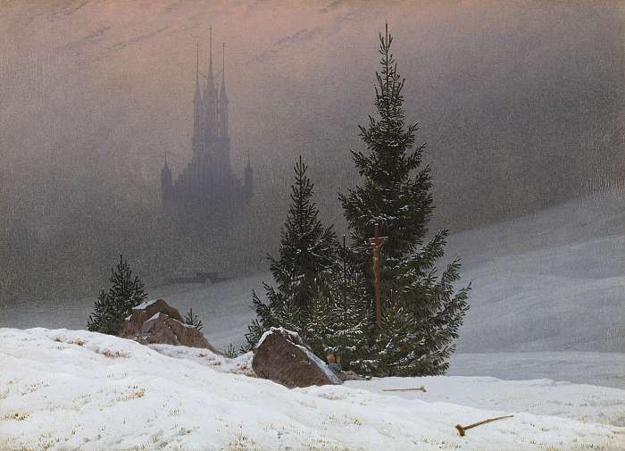 Téli táj, háttérben egy templommal, Caspar David Friedrich