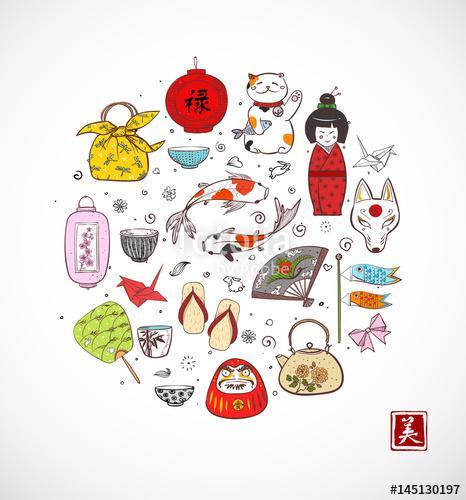 Japán színes doodle vázlatelemek. Szimbólumok Japánban., Premium Kollekció