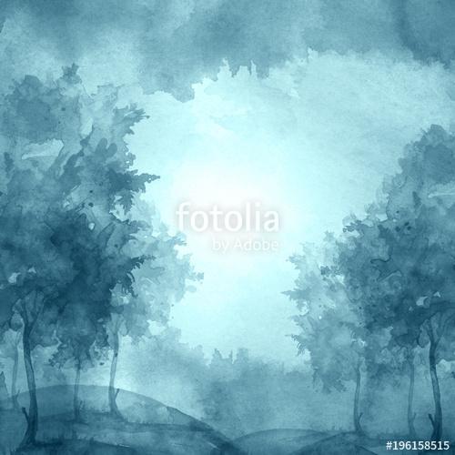 Watercolor banner, logo, postcard. blue silhouette of the forest, Premium Kollekció