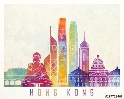 Hong Kong landmarks watercolor poster, Premium Kollekció