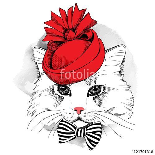 Portrait cat in a red Elegant woman's hat and with bow. Vector i, Premium Kollekció